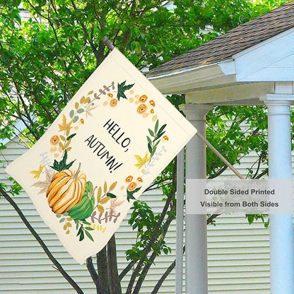 Mugod Hello Autumn Burlap House Flags for Outdoor, Fall Leaves Pumpkin Large Yard Flags 28 x 40 Double Sided Seasonal Decorative Flag for Farmhouse Holiday Decoration