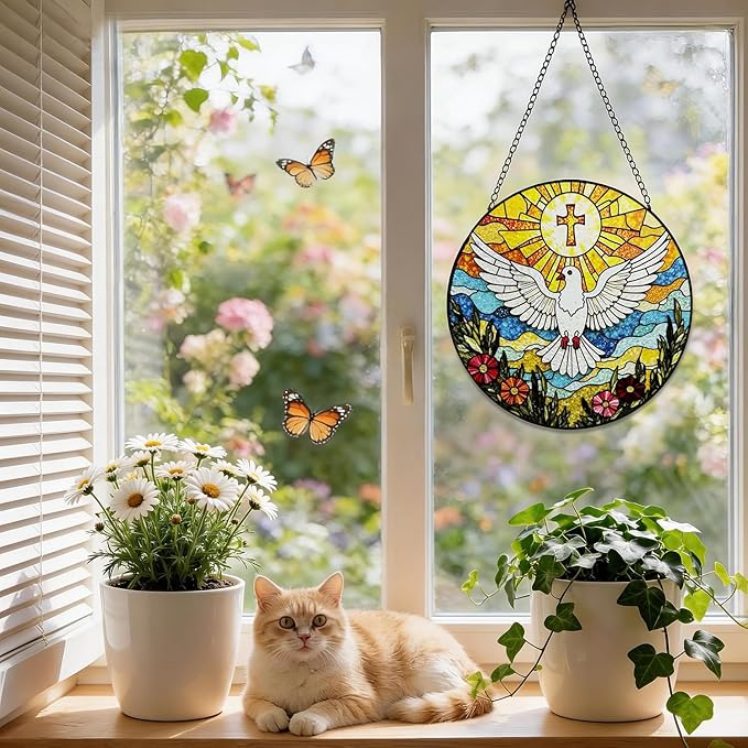 Stained Glass Cross Pigeon Suncatcher Window Hanging, Religious Sun Catchers Indoor Window, Suncatchers for Windows Hanging, Home Garden Decor Glass Panel, Easter Faith Christian Gifts for Women Men