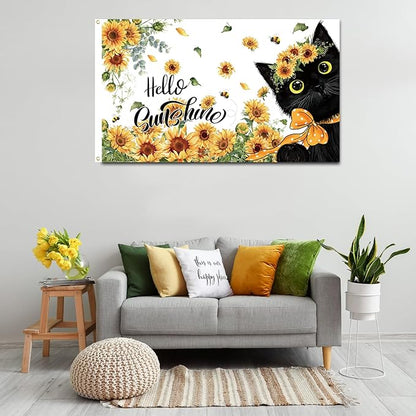 SENSEVEN Spring Summer Sunflowers Black Cat Flags for Outside 3x5 Ft, Summer Bees Yard Flag, Cute Kitten Hello Sunshine Floral Flag Seasonal Welcome Outdoor Banner for Porch Farmhouse Decor