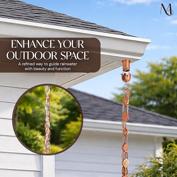 Monarch Rain Chains Pure Copper Cascading Leaves Rain Chains for Gutters – 8.5 ft Decorative Rainchain Outdoor Durable Heavy Duty Gutter Chain Downspout Replacement, Modern Rainchains for Outside