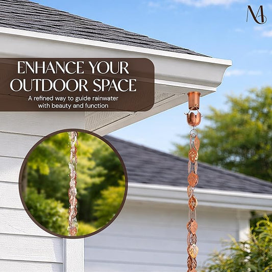 Monarch Rain Chains Pure Copper Cascading Leaves Rain Chains for Gutters – 8.5 ft Decorative Rainchain Outdoor Durable Heavy Duty Gutter Chain Downspout Replacement, Modern Rainchains for Outside