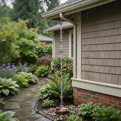 TZSSP Rain Chains Bell Style Gutter Installation – 8.5 ft Bell Style, Weatherproof & Adjustable Rain Chain– Soothing Water Sound (S-Hook Included)