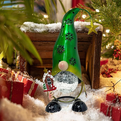 HONGLAND Christmas Gnomes Garden Decor Solar Outdoor Decorations Gnome Yard for Mom, Color Changing LED Lights with Snowflake Hollowed-Out Hat (Green)