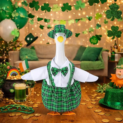 Watayo 4 Pcs/Set St. Patrick's Day Porch Goose Outfits, Lawn Goose Statue Green Plaid Costume, Irish Green Garden Goose Clothes Dress Hat and Bead Necklaces for 23" High Statue Patio Yard Decor