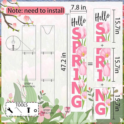 Hello Spring Porch Sign Tulip Wooden Welcome Sign Vertical Spring Hanging Signs For Standing Front Porch Decor Rustic Wall Decor Home Farmhouse Yard Door Spring Decorations 47.2"H