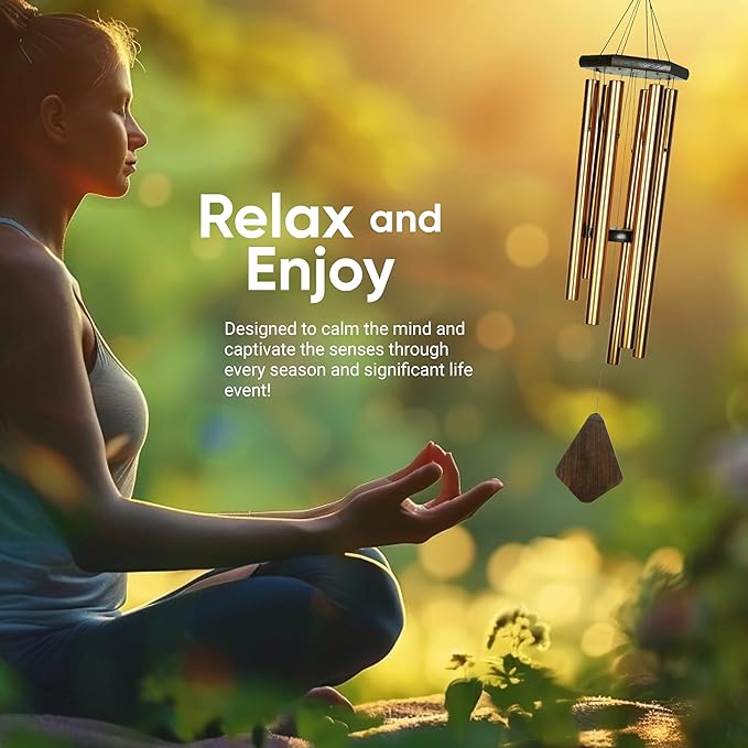 Nature’s Melody Premiere Grande Tunes Wind Chimes – Outdoor Windchime with 6 Tubes Tuned to E Pentatonic Scale, Rustproof Aluminum, Beech Wood & S Hook Hanger (Bronze, 24")