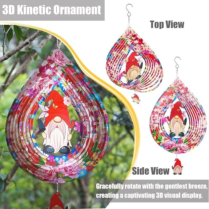 Gardener Gnome Pink Wind Spinners for Yard and Garden,12 Inch 3D Stainless Steel Hanging Kinetic Yard Art Wind Sculpture, Kinetic Art Garden Decor for Christmas Outdoor & Indoor