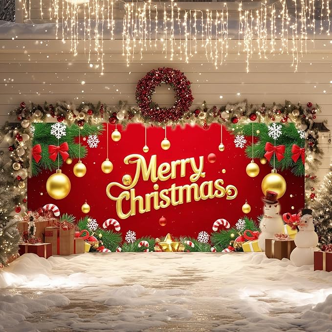 IVN Merry Christmas Happy New Year Garage Door Banner 13x6 ft Christmas Garage Door Cover Wnter Scene Background Indoor Outdoor Red Gold Snowflake Candy Cane Ornaments Gift Boxes Holiday Decorations for Home and Events Wall Backdrop Decor