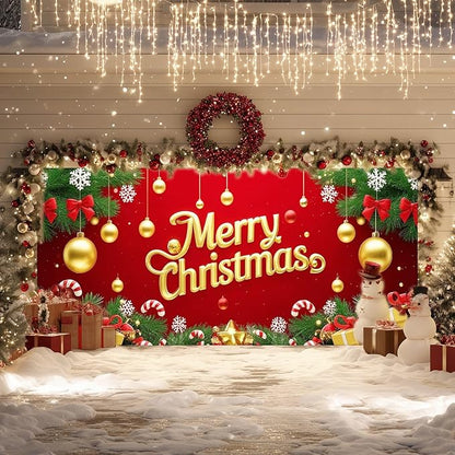 IVN Merry Christmas Happy New Year Garage Door Banner 13x6 ft Christmas Garage Door Cover Wnter Scene Background Indoor Outdoor Red Gold Snowflake Candy Cane Ornaments Gift Boxes Holiday Decorations for Home and Events Wall Backdrop Decor