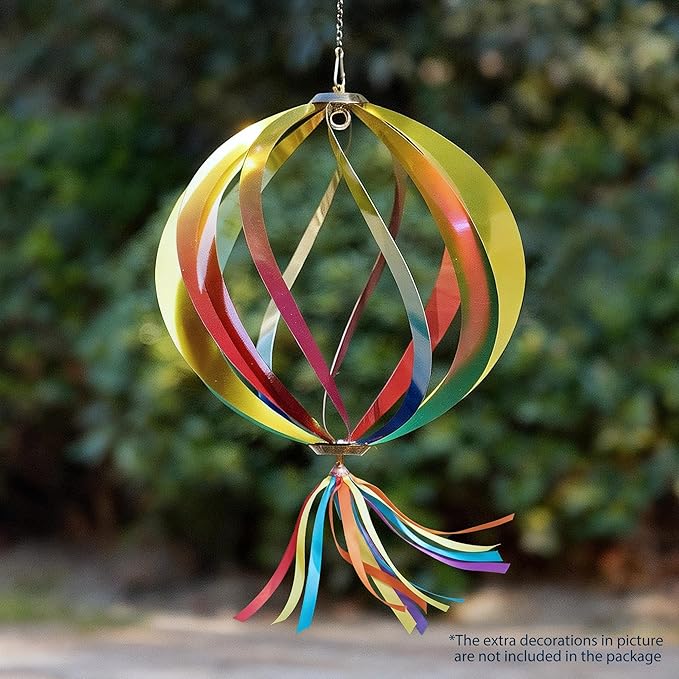Hanging Wind Spinners Outdoor - Tool-Free Assembly Garden Wind Spinners, Spring Metal Yard Decor with Dual Hooks for DIY Accessories, Weatherproof Rust-Resistant 3D Ball(Rainbow, 12 Inch)