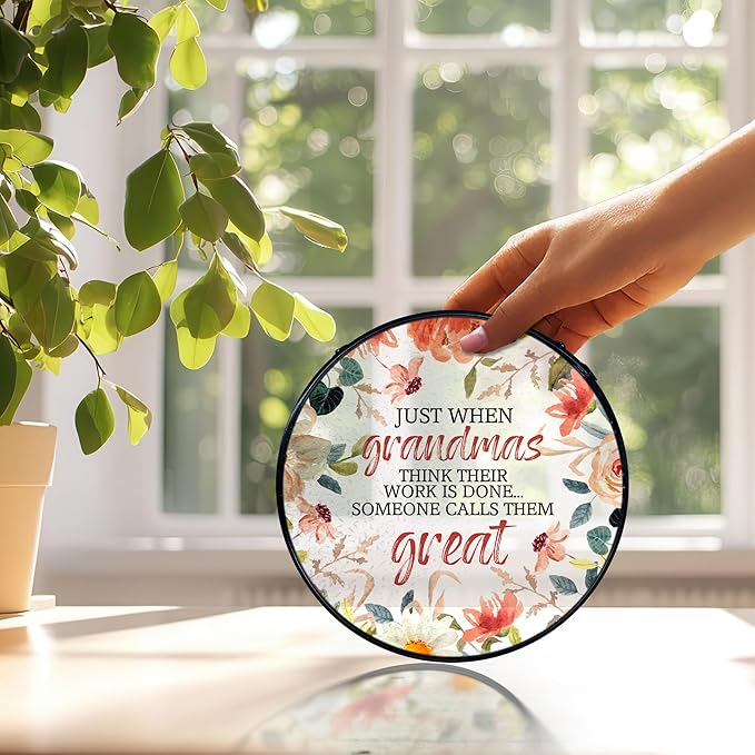 Great Grandma Flower Suncatchers Stained Glass Window Hanging, Great Grandma Gifts Sun Catchers Indoor Window Glass Round Wall Decor, 7.9x7.9in