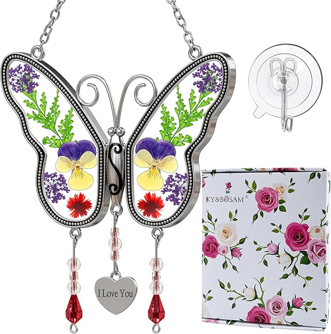 KY&BOSAM Suncatcher Butterfly Stained Glass Love Suncatchers Ornament hangings for Windows Wind Chime with Pressed Dried Flower Wings Embedded in Glass for Mom Birthdays Christmas