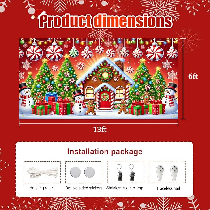 HOMETITUTE Christmas Garage Door Banner 13x6ft Gingerbread House Snowman Candy Cane Holiday Backdrop Winter Scene Porch Entryway Wall Hanging Indoor Outdoor Seasonal Decorations