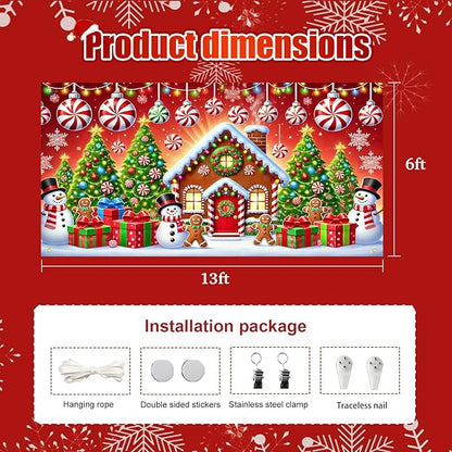 HOMETITUTE Christmas Garage Door Banner 13x6ft Gingerbread House Snowman Candy Cane Holiday Backdrop Winter Scene Porch Entryway Wall Hanging Indoor Outdoor Seasonal Decorations