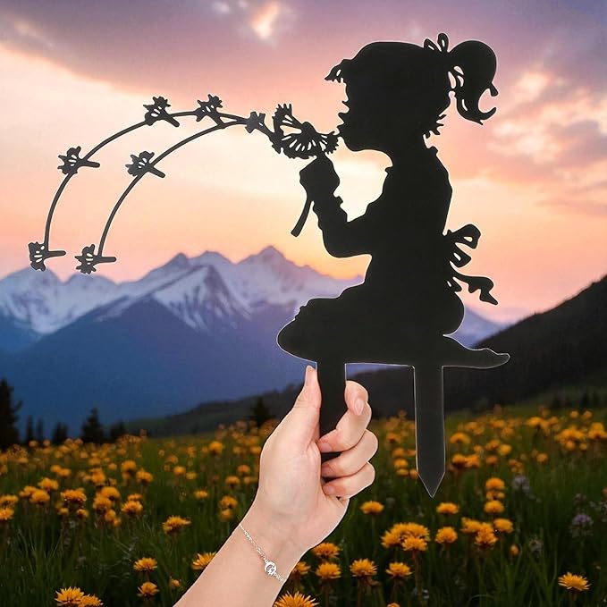 Girl Metal Dandelion Garden Stake – Dandelion Silhouette Sculpture Installation for Simple Balcony Decoration Scene, Outdoor Lawn Patio Yard Home Art Decor Figurines, Large Statues and Sculptures