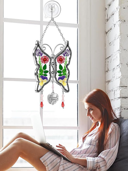 KY&BOSAM My Precious Sister Butterfly Suncatcher Stained Glass Suncatchers for Window Hanging Wind Chime Pressed Flower Wings and Heart Charm Gift for Sister Mother's Day Birthday Christmas Decor