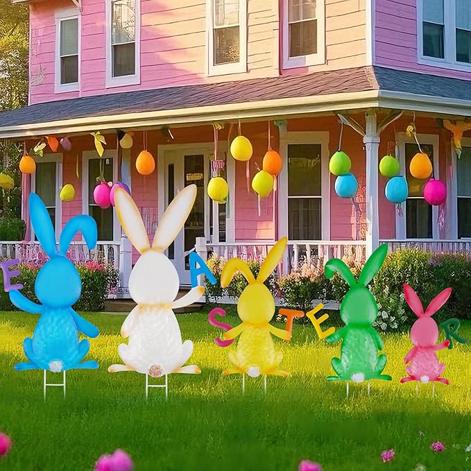 5 PCS Easter Garden Stakes Decoration, Metal Adorable Bunny Yard Signs Holding Easter Spelling Letters for Courtyard Spring Lawn Flowerbed Patio Holiday Outdoor Display
