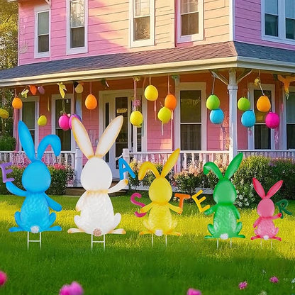 5 PCS Easter Garden Stakes Decoration, Metal Adorable Bunny Yard Signs Holding Easter Spelling Letters for Courtyard Spring Lawn Flowerbed Patio Holiday Outdoor Display