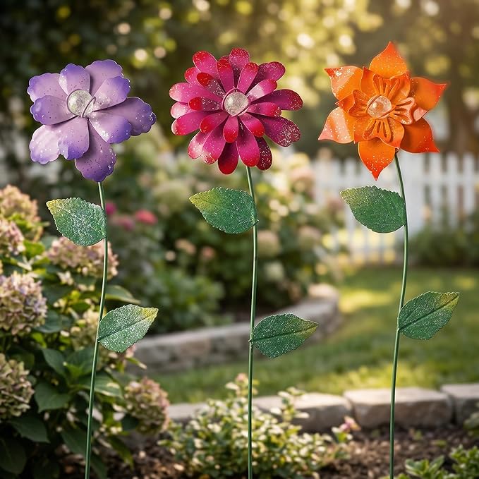 Floral Garden Stake Glow in Dark Plant Pick Water Proof Metal Flower Stick for Outdoor Garden Decor, Set of 3