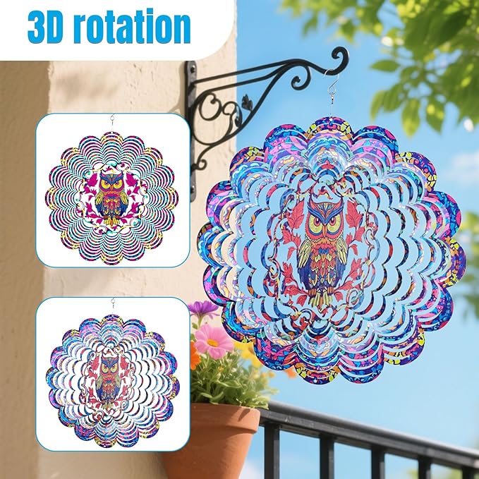 Wind Spinners Outdoor, Owl Metal 3D Hanging Garden Decor, 12-inch Stainless Steel Wind Spinner with Tail Spinner, Wind Sculptures for Patio Lawn Yard, Ornament Gift for Women/Men