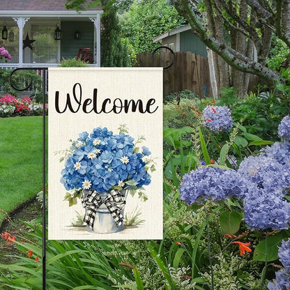 Blue Hydrangeas Spring Garden Flags for Outside,Welcome Spring Yard Flag for Porch Lawn Outside Decor 12x18 Inch Double Sided