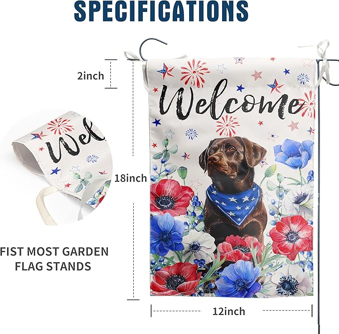 4th of July Chocolate Lab Garden Flag Red White Blue Floral Labrador Dog Yard Flags Small Memorial Independence Day Banner 12x18 Double Sided for Outside Outdoor Patriotic Decor