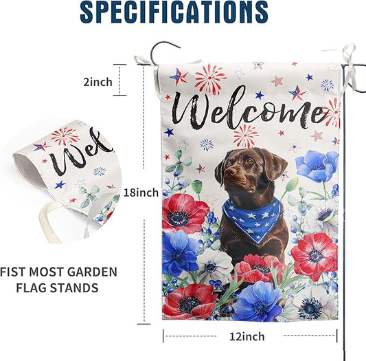 4th of July Chocolate Lab Garden Flag Red White Blue Floral Labrador Dog Yard Flags Small Memorial Independence Day Banner 12x18 Double Sided for Outside Outdoor Patriotic Decor