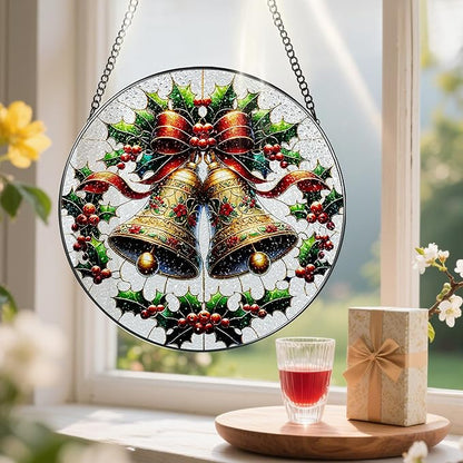 Stained Glass Window Hanging, Pauyadu Sun Catchers Indoor Window, Bells Christmas Suncatcher, Christmas Home Decor, Festive Gifts for Friends, Neighbor - 8 Inch