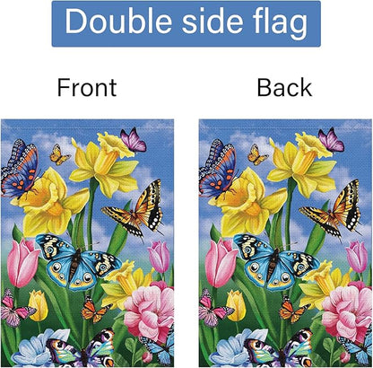 Louise Maelys Spring Garden Flag 28x40 Double Sided Vertical, Burlap Large Butterfly Floral Flower Welcome Yard House Outside Outdoor Summer Decoration
