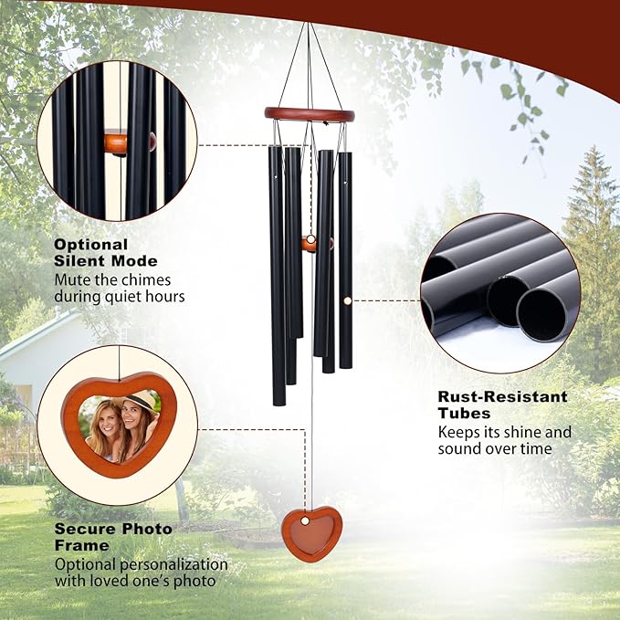 37” Large Deep Tone Wind Chimes Outdoor, Aluminum Metal Tubes, Waterproof Garden Patio Decor, Memorial Sympathy Wind Chime Gift for Mom, Loved Ones