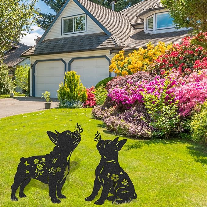 French Bulldog Garden Decor - 2 Pcs Metal Animal Statue Gifts Set for Dog Lover Black Yard Stakes Decorations with Butterfly Flower Silhouette Outdoor Sign Patio Lawn Pathway Art Ornaments