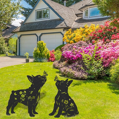 French Bulldog Garden Decor - 2 Pcs Metal Animal Statue Gifts Set for Dog Lover Black Yard Stakes Decorations with Butterfly Flower Silhouette Outdoor Sign Patio Lawn Pathway Art Ornaments