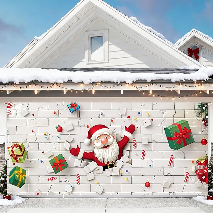 6 x 13 ft Christmas Garage Door Decorations Merry Christmas decorations Xmas Garage Door Cover, Happy New Year Hanging Banner for Home,Outdoor,Indoor,Party (White wall, 6 x 13 ft)