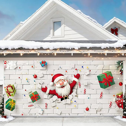 6 x 13 ft Christmas Garage Door Decorations Merry Christmas decorations Xmas Garage Door Cover, Happy New Year Hanging Banner for Home,Outdoor,Indoor,Party (White wall, 6 x 13 ft)