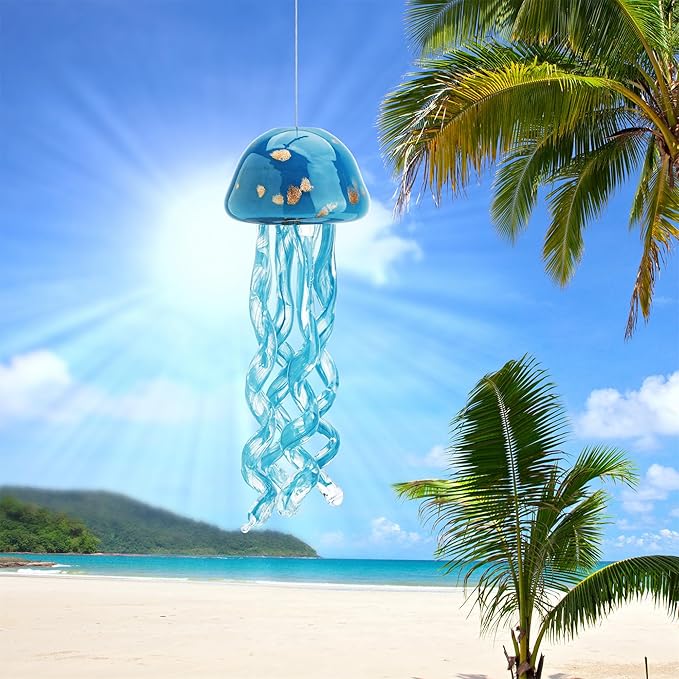 Handblown Art Glass Jellyfish Wind Chime,Glass Jellyfish Hanging Sun Catcher Wind Chime,Wind Chimes for Outside,Sea Glass Blown Wind Chimes for Beach Party,Wedding Decor(Aqua Blue)