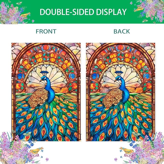 Stained Glass Peacock Spring House Flag 28x40 Inch Double Sided Large Burlap Yard Flag for Spring Summer Outdoor Outside Seasonal Decor