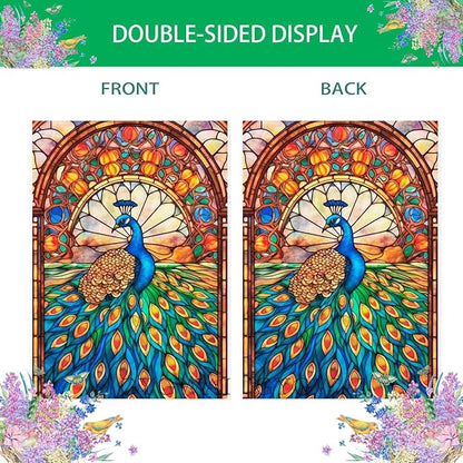 Stained Glass Peacock Spring House Flag 28x40 Inch Double Sided Large Burlap Yard Flag for Spring Summer Outdoor Outside Seasonal Decor