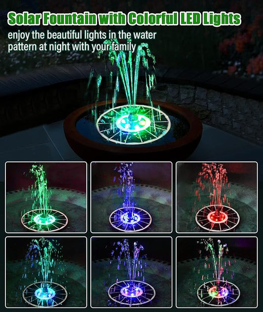 SZMP Solar Fountain Upgraded 100% Glass Panel, 3.5W Solar Powered Water Pump Built-in 2000 Battery with 7 Nozzle & 4 Fixer, Solar Bird Bath Fountain for Garden, Pool, Outdoor (Colorful)