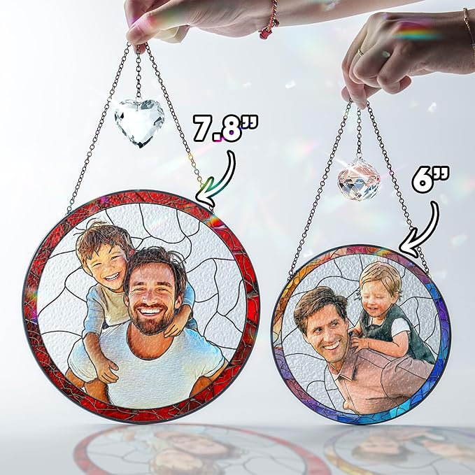 VINATIMES Personalized Dad Stained Glass Suncatcher, Photo Family Stained Glass Window Hanging Decoration, Custom Photo Gift for Dad from Son Daughter, Birthday Gift for Grandpa, Papa, Uncle