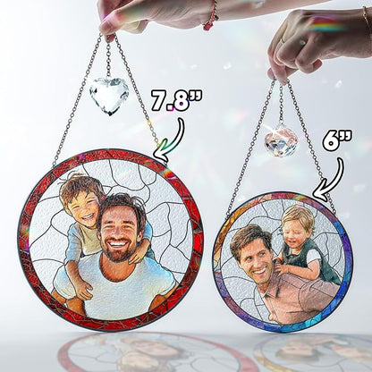 VINATIMES Personalized Dad Stained Glass Suncatcher, Photo Family Stained Glass Window Hanging Decoration, Custom Photo Gift for Dad from Son Daughter, Birthday Gift for Grandpa, Papa, Uncle
