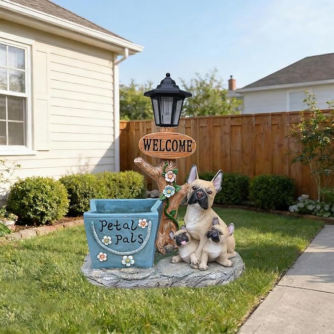 Solar Garden Statue with Planter & Solar Lantern, Outdoor Resin Animal Sculpture, Waterproof Yard Lawn Decor Pot for Succulents, Front Porch Ornament Housewarming Gift (French Bulldog)