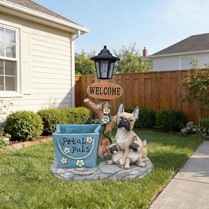Solar Garden Statue with Planter & Solar Lantern, Outdoor Resin Animal Sculpture, Waterproof Yard Lawn Decor Pot for Succulents, Front Porch Ornament Housewarming Gift (French Bulldog)