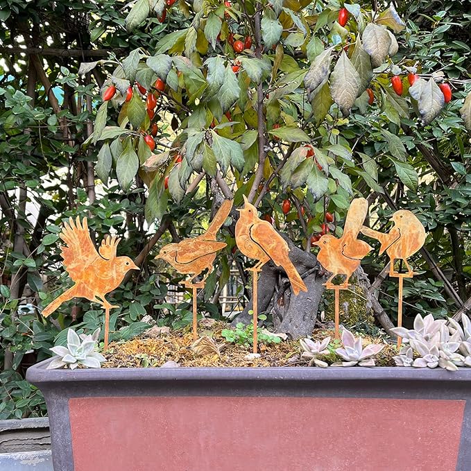5PCS Rusty Birds Decoration Garden Stakes,Metal Birds Garden Decor for Outside,Rustic Wren Bed Decorations,Bird Lover Gifts for Women Mom Grandma Wife,Outdoor and Yard Art, Lawn Ornaments