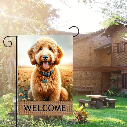 BlissYard Dog Welcome Garden Flag 12x18 Inch – Double-Sided Outdoor Yard Flag, Spring Summer Garden Decor for Lawn Porch Patio Backyard, Goldendoodle Dog Lovers Gift