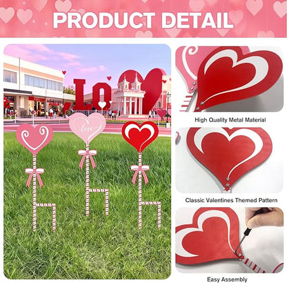 3 Pcs 24" H Valentine Yard Signs 5.9 * 6.6inch Metal Heart Valentine's Day Metal Garden Stakes Valentines Love Heart Outdoor Decorations for Patio Lawn Planter Pot Pathway Walkway Wedding Decor