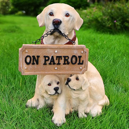 Labrador Retriever Outdoor Dog Family Statue with Reversible “Welcome/ON Patrol” Hanging Plaque and Solar Lantern, Yellow Mom with Two Puppies, Sitting Yard Greeter