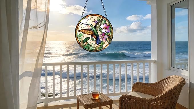 Stained Glass Window Hanging - Green Hummingbirds and Purple Flowers 6.3 Inches Suncatcher for Garden Home Decor for Women Mon Grandma Friends