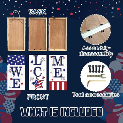 Patriotic 4th of July Welcome Sign for Front Porch, 250th Anniversary Memorial Day Wooden Porch Sign For Outdoor Patio, USA American Flag Standing Yard Sign Summer Door Signs for Garden Wall