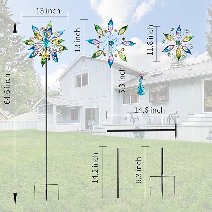 DREAMYSOUL Outdoor Peacock Wind Spinners with Gem Decor, 13" D*65" H Double Sided Kinetic Wind Sculptures & Spinners, Metal Peacock Decor for Garden Yard Lawn