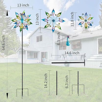 DREAMYSOUL Outdoor Peacock Wind Spinners with Gem Decor, 13" D*65" H Double Sided Kinetic Wind Sculptures & Spinners, Metal Peacock Decor for Garden Yard Lawn